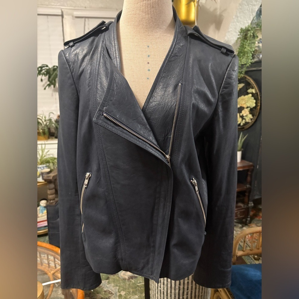 Theyskens' Theory Lambskin Leather Moto Jacket Navy Asymmetric Zip L